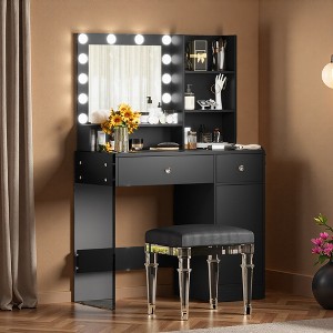 FONTOI 35.4"W Vanity Desk with Mirror Glass Top Two Drawers Cabinet and Storage Shelves for Bedroom Dressing Room, Black, 35.4"*15.7"*53.9" - 1 of 4