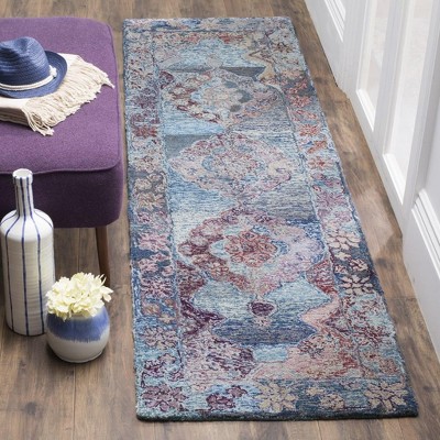 Vintage Blue Wool and Viscose Hand-Tufted Runner Rug