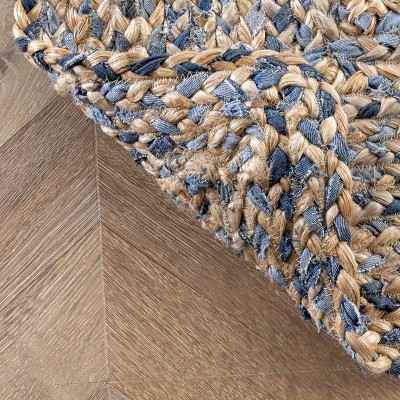 Handmade Blue and Beige Braided Cotton Rectangular Rug
