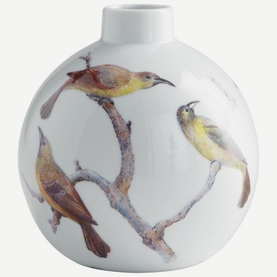 Contemporary White Ceramic Bud Vase with Bird Motif, 7" Height