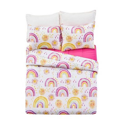Full Pink Microfiber Reversible Comforter Set with Rainbows and Suns