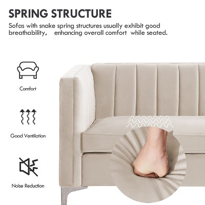 Beige Velvet Tufted Track Arm Sofa with Chrome Legs