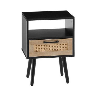 NicBex Rattan Nightstand with Drawer and Open Storage Space Modern Bedside Table with Solid Wood Legs for Bedroom,Living Room