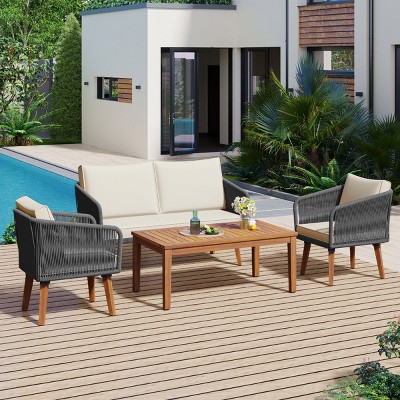 Outdoor 4 Pcs Furniture Set, Patio Conversation Sets with Seats and Table, Rope Conversation Sets with PE Cushions and Iron Frame-Coolbibila