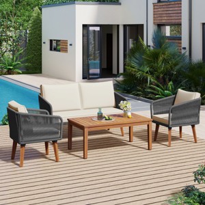 Outdoor 4 Pcs Furniture Set, Patio Conversation Sets with Seats and Table, Rope Conversation Sets with PE Cushions and Iron Frame-Coolbibila - 1 of 4