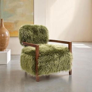 Sapphtopaz Modern Faux Fur Accent Chair with Raked Back & Wooden Arms Upholstered Comfy Bedroom Chair Soft Armchair for Living Room, Bedroom - 1 of 4