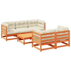 vidaXL Outdoor Patio Sofa Set with Cushions - 6 Piece Modular Pine Wood Furniture for Garden, Terrace, Lawn, Deck - Wax Brown Finish, Cream Cushions - 1 of 4