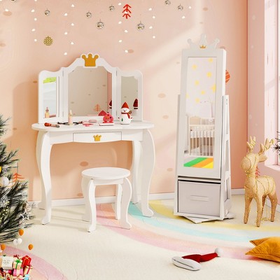 White MDF Kids Jewelry Armoire Cabinet with Mirror and Storage