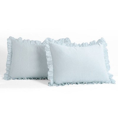 Lake Blue Queen Ticking Stripe Ruffle-Edged Bedspread Set