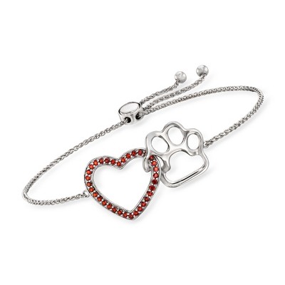 Ross-Simons 0.20 ct. t.w. Garnet Heart and Sterling Silver Paw Print Bolo Bracelet Size