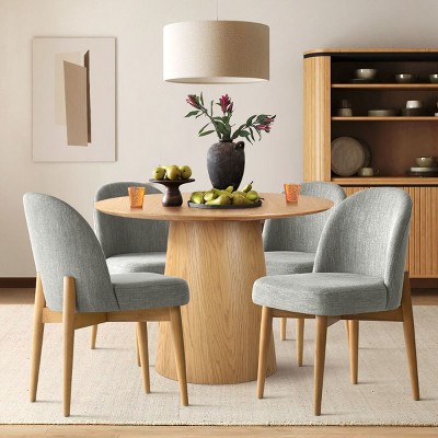 5-Piece Round Dining Table Set, 42'' Oak Pedestal Table with 4 Linen Dining Chairs, Solid Wood Legs, Kitchen or Apartment Furniture-Maison Boucle