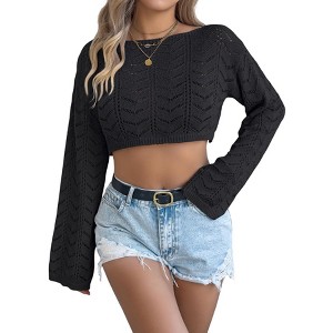 Coolmee Womens Cropped Shirts Long Sleeve Hollow Out Crochet Crewneck Knitted Top Blouses Cover Up - 1 of 4