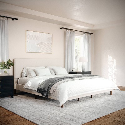 King Beige Linen Upholstered Platform Bed with Walnut Legs