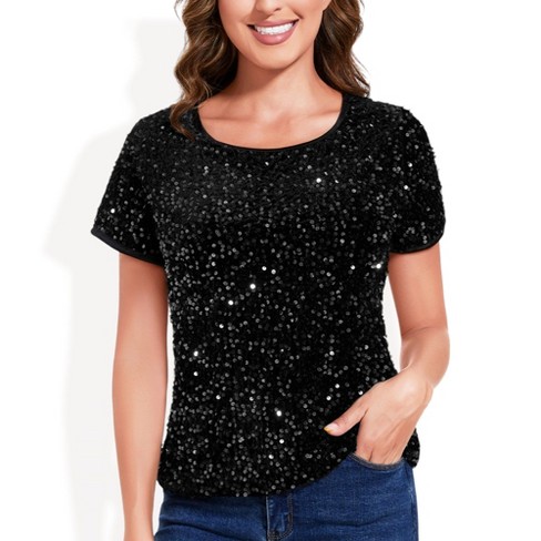 Anna-Kaci Women's Sequin V-Neck Top with Cap Sleeves and Relaxed Fit