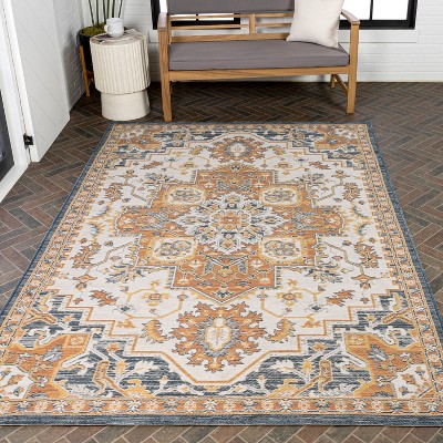 Bijan Terra Blue Cream Medallion Washable Reversible Rug 5x8