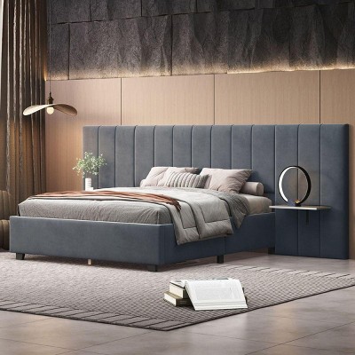 Streamdale Queen Size Upholstered Platform Bed with Big Headboard, Bedroom Furniture, Velvet, Gray