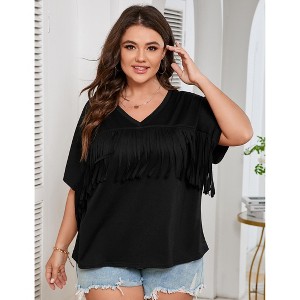 Women's Plus Size Fringe Hem Short Sleeve V-Neck Oversized T Shirt Tops - 1 of 4