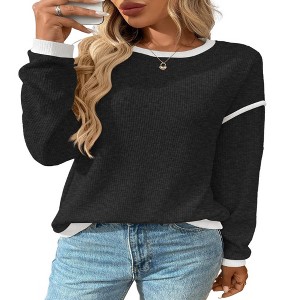 Women's Long Sleeve Pullover Sweater Round Neck Contrast Color Block Ribbed Knitwear Knitted Sweatshirt - 1 of 4