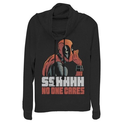 Juniors Womens Marvel Deadpool No One Cares Cowl Neck Sweatshirt