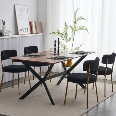 Set of 2 Mid-century Modern Dining Chairs , Teddy Fabric Upholstery, Curved Back , Metal Frame