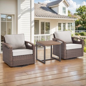 POCASSY Swivel Patio Chairs Swivel Rocker Set of 2 with Side Table, Small Patio Furniture Set Brown Wicker Outdoor Bistro Set with Swivel Glider Chair - 1 of 4