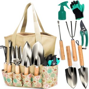 SCUDDLES Garden Tool Set with Tote Bag, Stainless Steel Outdoor Hand Tools, Gloves, Shears, Rake, Shovel, Transplanter - 9-Piece Set - 1 of 4