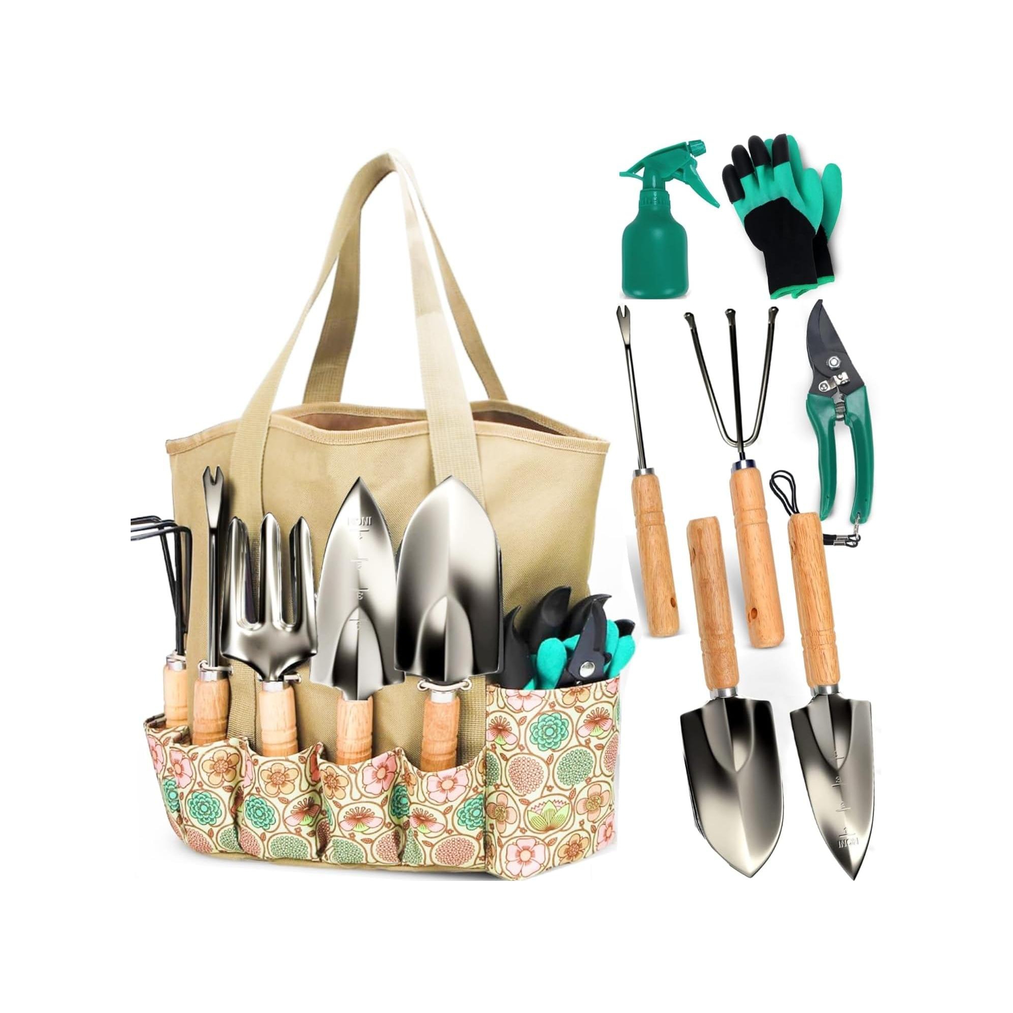 SCUDDLES Heavy Duty Garden Tool Bag with Outdoor Hand Tools - Stainless Steel Garden Tool Kit, Gloves, and Storage Tote (8-Piece Set)