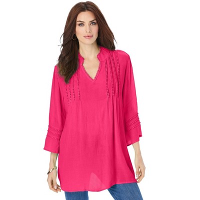 Roaman's Women's Plus Size Lace Pintuck Crinkle Tunic - 16 W, Pink : Target