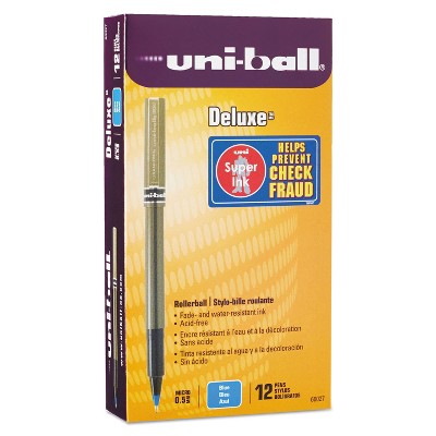 uni-ball Stick Roller Ball Pen Micro 0.5mm Blue Ink Metallic Gray Barrel Stand 60027