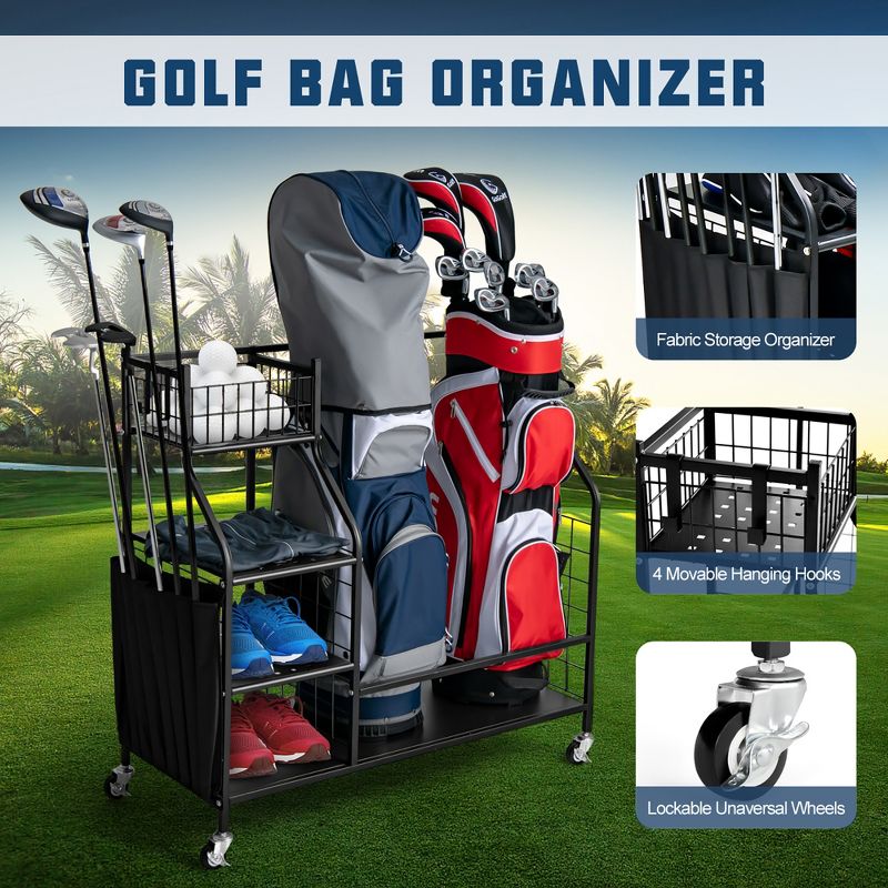 Costway Extra Large Golf Bag Storage Rack for Garage Fits 2 Golf Bags Organizer withWheels, 4 of 11