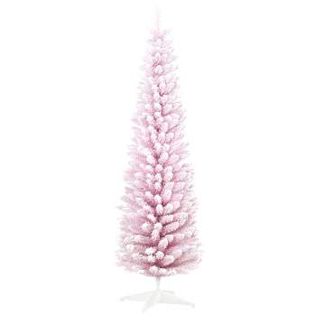 HOMCOM 6 FT Snow Flocked Artificial Pencil Christmas Tree, Slim Xmas Tree with Realistic Branches and Plastic Base Stand for Indoor Decoration Pink