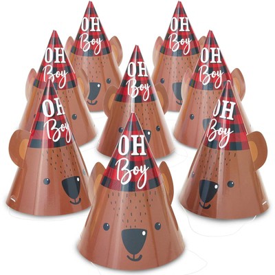 24-Pack Lumberjack Oh Boy Party Cone Hats in Bear Red Buffalo Plaid for Woodland Baby Shower, Gender Reveal Supplies and Decorations