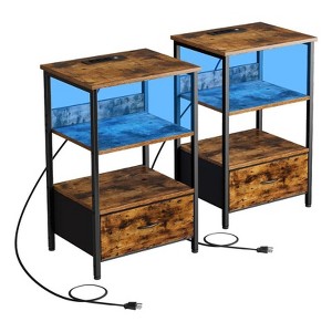 Brown Nightstand with Charging Station and Dimmable LED Lights,Night Stand with USB Ports & Outlets, 3-Tier Storage End Table, Bedside Tables for Bed - 1 of 4