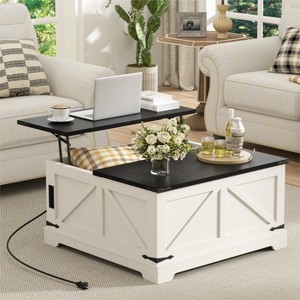 Lift Top Wood Square Center Table with Charging Station, Rustic Coffee Table - 1 of 4
