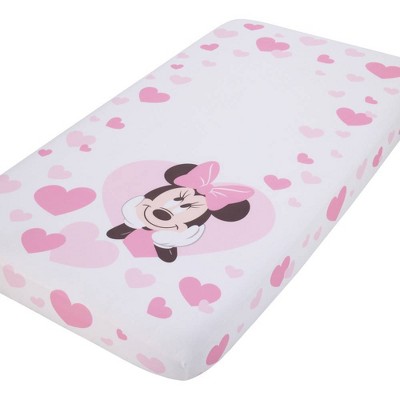 Disney Minnie Mouse Hearts Photo Op Fitted Crib Sheet Pink and White