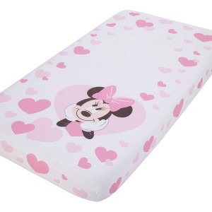 Disney Minnie Mouse Hearts Photo Op Fitted Crib Sheet - Pink and White - 1 of 4