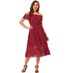 INSPIRE CHIC Women's Off-Shoulder Ruffled Short Sleeve High Waist Party Boho Floral Lace Midi Dress - 1 of 4