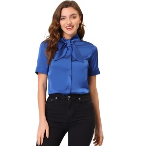 Allegra K Women's Work Tie Neck Short Sleeve Satin Elegant Button Down Shirt - 1 of 4