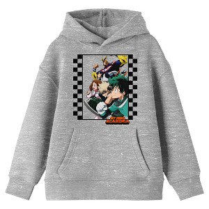 My Hero Academia Group Art Checkered Frame Long Sleeve Athletic Heather Youth Hooded Sweatshirt - 1 of 3