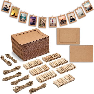 70 Pieces Kraft Paper Hanging Photo Display Set with String Twine and Clothespins for Wedding Party Decorations