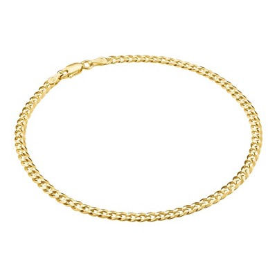 KISPER 18K Gold Over 925 Sterling Silver Italian 3.5mm Solid Diamond-Cut Cuban Link Curb Chain Anklet for Women - Made in Italy