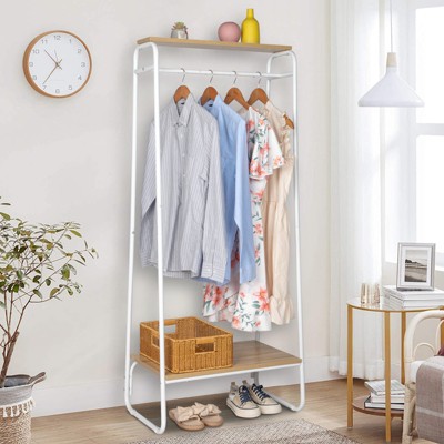 KTMBDW Clothes Rack with Wood Shelf, Freestanding Clothing Rack，Garment Rack, Standing Metal Sturdy Clothing Rack For Small Space