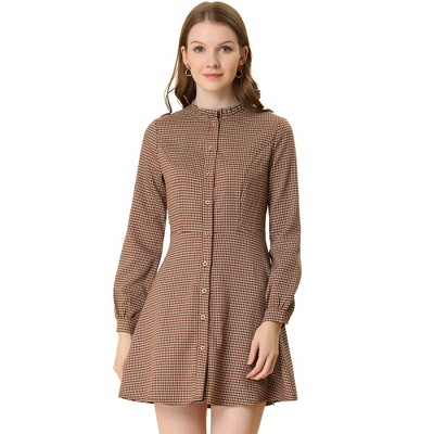 Allegra K Women's Vintage Check Plaid Ruffle Neck Button Down Long Sleeve A-Line Dress