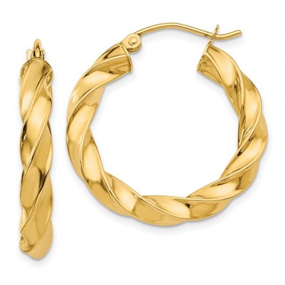 Black Bow Jewelry 4mm x 26mm Polished 14k Yellow Gold Hollow Twisted Round Hoop Earrings