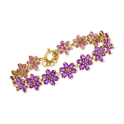 Ross-Simons 12.80 ct. t.w. Amethyst Flower Bracelet With .10 ct. t.w. White Zircon in 18kt Gold Over Sterling Size 7