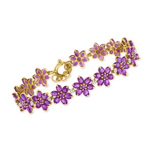 Ross-Simons 12.80 ct. t.w. Amethyst Flower Bracelet With .10 ct. t.w. White Zircon in 18kt Gold Over Sterling Size 7 - 1 of 4