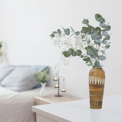 Handcrafted Mango Wood Cylindrical Vase with White Accents