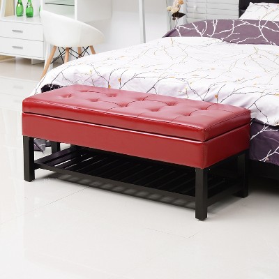 Elegant Crimson Red Faux Leather Ottoman Storage Bench with Shoe Rack