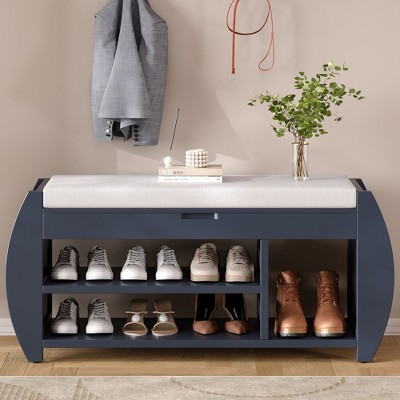 CAVINAS Modern Curved Side Shoe Bench Rock with Cushion & Shelves,Solid Wood Storage Bench for Entryway,Living Room