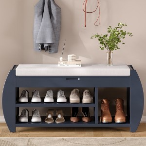 CAVINAS Modern Curved Side Shoe Bench Rock with Cushion & Shelves,Solid Wood Storage Bench for Entryway,Living Room - 1 of 4